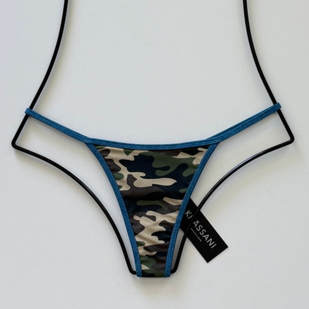Khassani Swim Tiny Tanga Bikini Bottom - Army / Jean - L - NWT